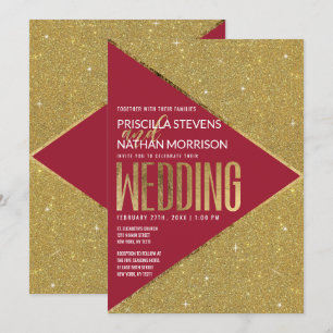 Invitation Parties scintillant rouge or moderne Mariage géomé