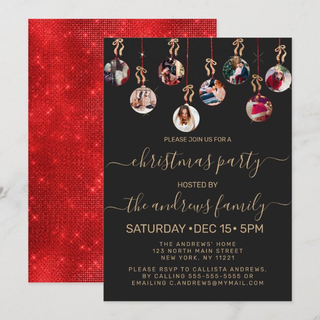 Invitation Parties scintillant rouge or pendre ornements Phot (Devant / Derrière)