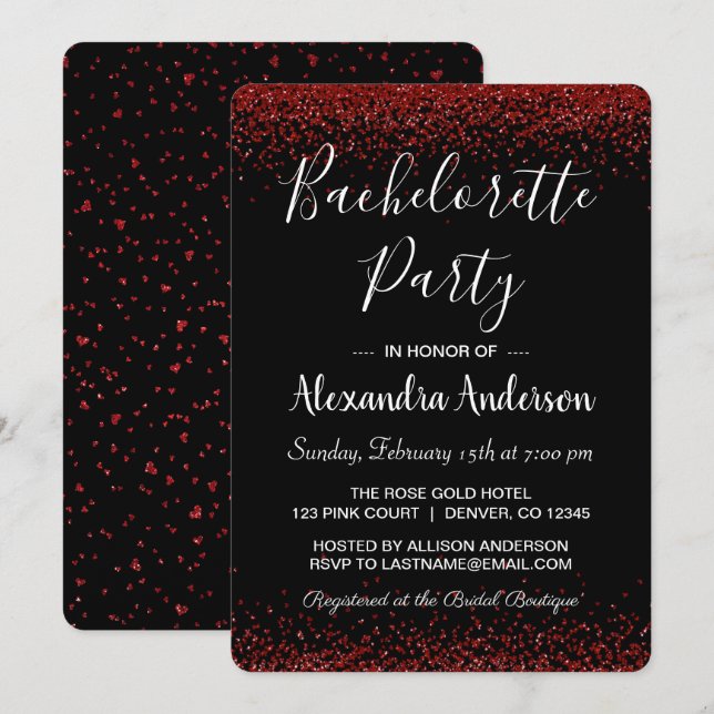 Invitation Parties scintillant Rouge Rose Étincelle Bachelore (Devant / Derrière)