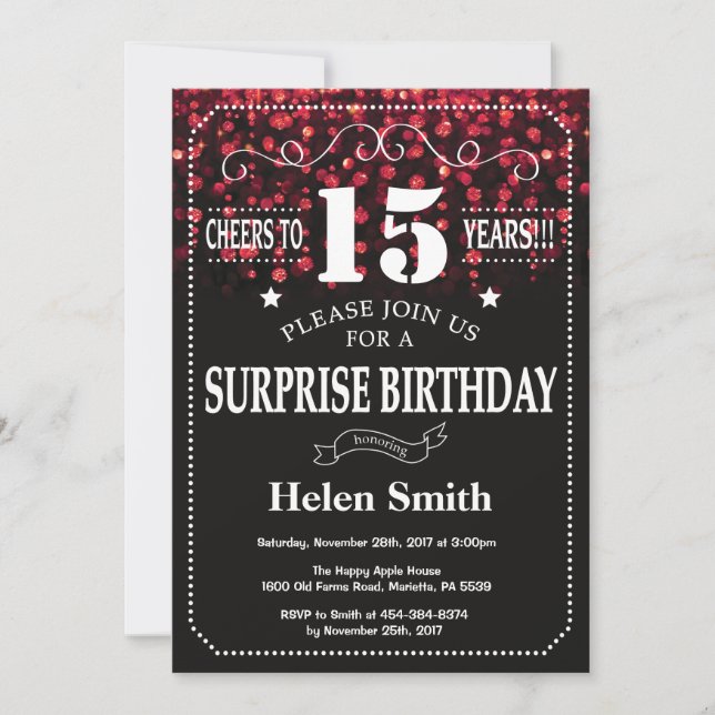 Invitation Parties scintillant rouge Surprise 15e anniversair (Devant)