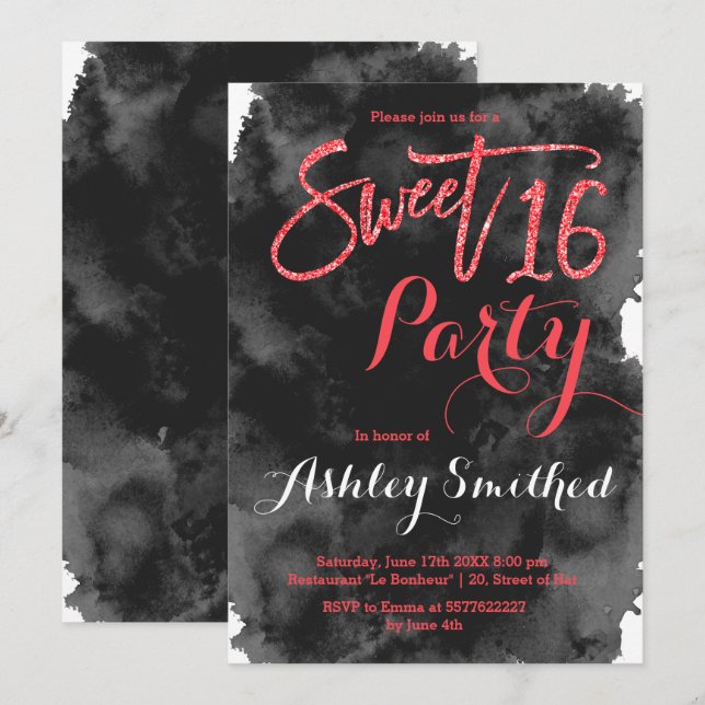 Invitation Parties scintillant rouge typographie aquarelle no (Devant / Derrière)
