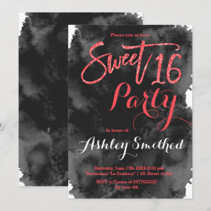 Invitation Parties scintillant rouge typographie aquarelle no