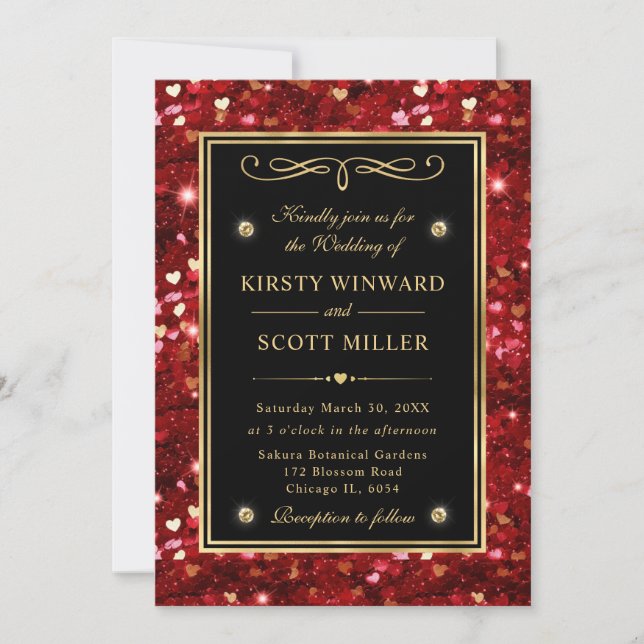 Invitation Parties scintillant rouge Valentine Coeurs Mariage (Devant)