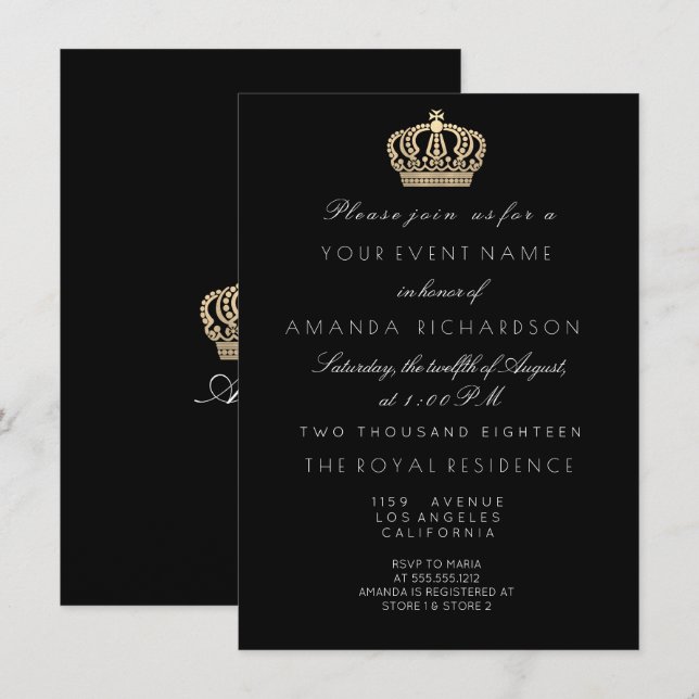 Invitation Parties scintillant royale de la Couronne d'or noi (Devant / Derrière)