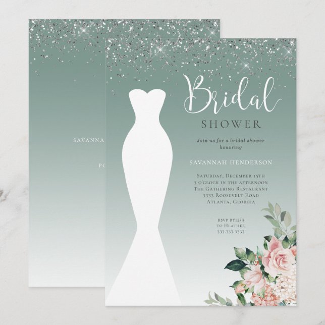 Invitation Parties scintillant Sage Green Mariage robe Fête d (Devant / Derrière)