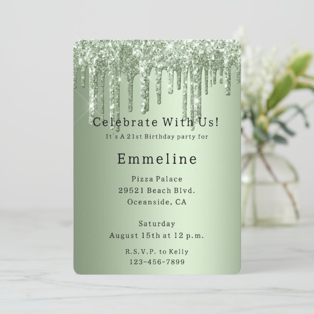 Invitation Parties scintillant Sage Green Sparkle Drithday (Debout devant)