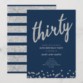 Invitation Parties scintillant Silver Navy Type 30th Birthday
