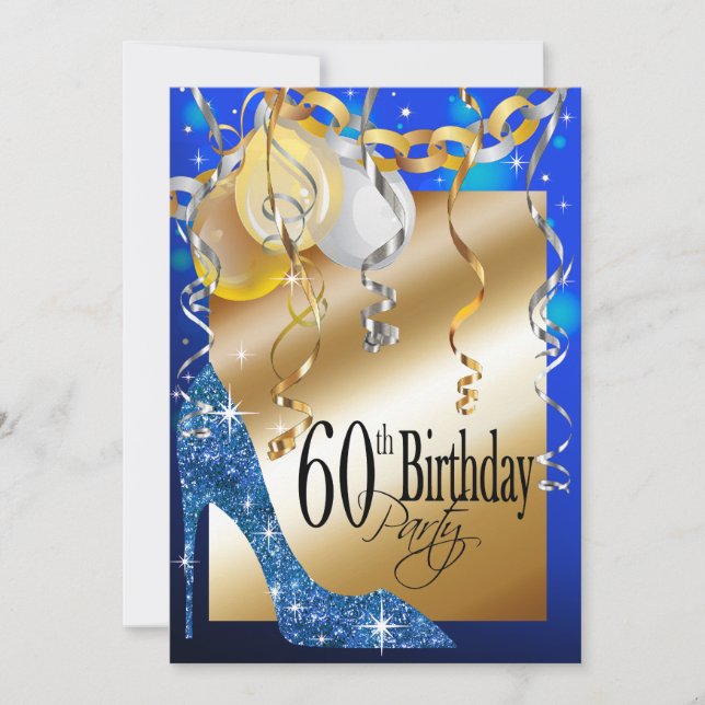 Invitation Parties scintillant Stiletto Balloons bleu 60e ann (Devant)