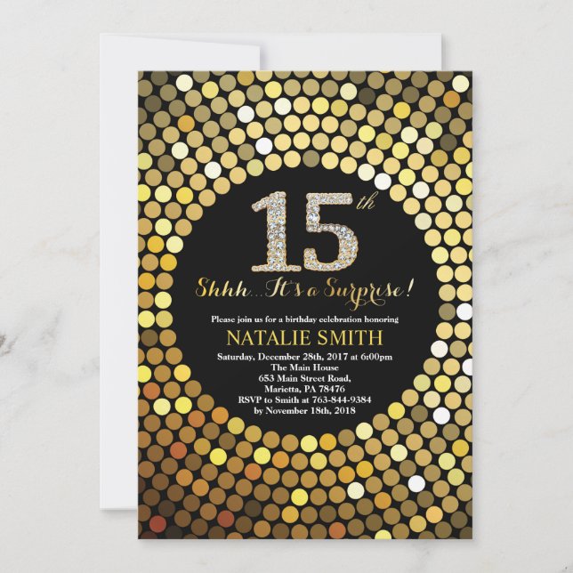 Invitation Parties scintillant surprise 15e anniversaire Blac (Devant)