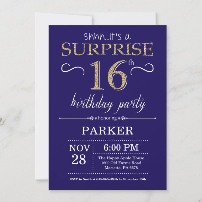 Invitation Parties scintillant surprise 16e anniversaire Navy (Devant)