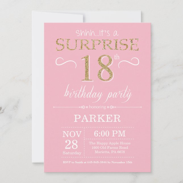 Invitation Parties scintillant surprise 18e anniversaire rose (Devant)