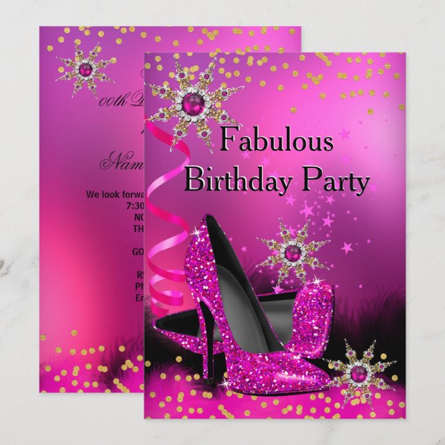 Invitation Parties scintillant talons roses Anniversaire de f (Devant / Derrière)