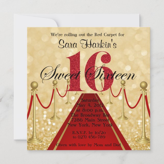 Invitation Parties scintillant Tapis rouge Hollywood Sweet 16 (Devant)