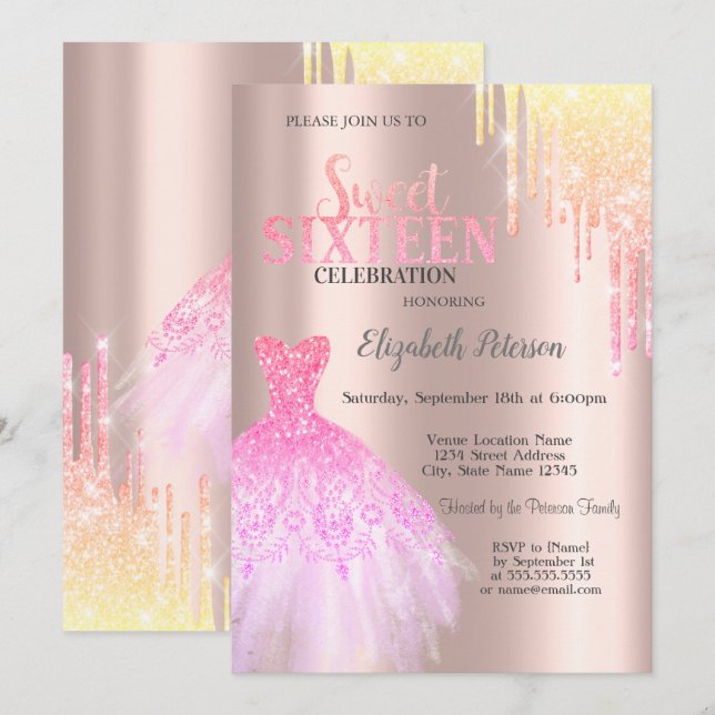 Invitation Parties scintillant tendance, Rose  robe Gold Swee (Devant / Derrière)