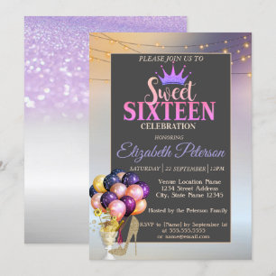 Invitation Parties scintillant Tiara, Coctail, Ballons Sweet 