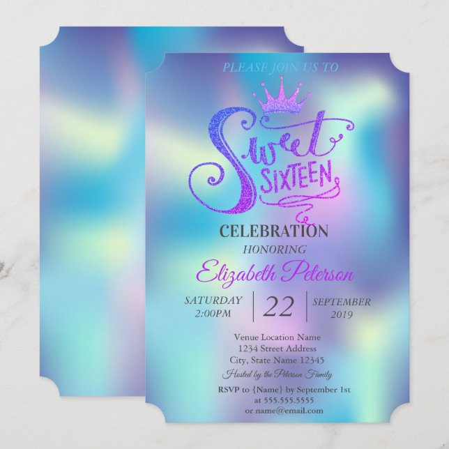 Invitation Parties scintillant Tiara Holographic Sweet 16 Par (Devant / Derrière)