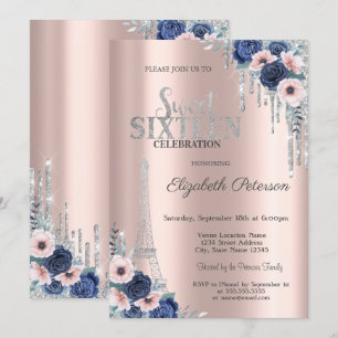 Invitation Parties scintillant, Tour Eiffel Bleu Roses Sweet 