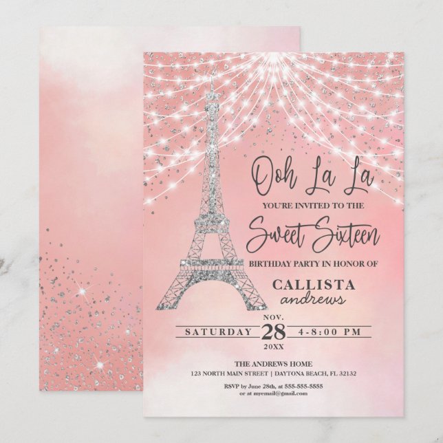 Invitation Parties scintillant Tour Eiffel en argent Lumières (Devant / Derrière)