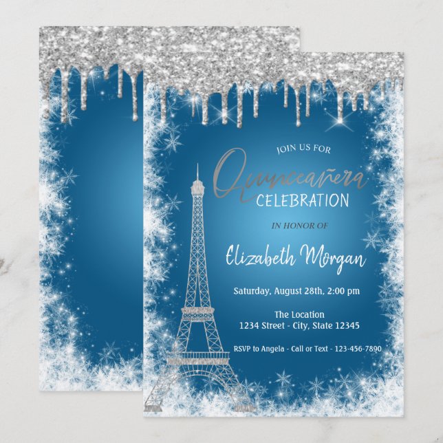Invitation Parties scintillant, Tour Eiffel, Flocon de neige  (Devant / Derrière)