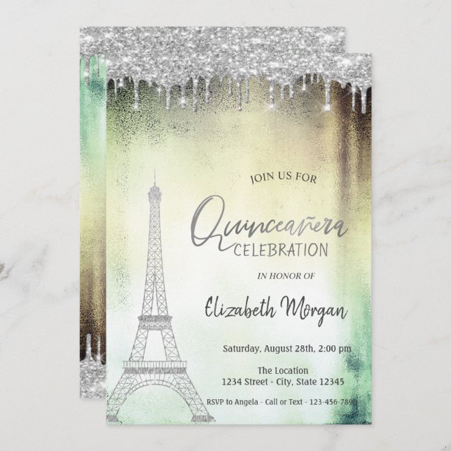 Invitation Parties scintillant, Tour Eiffel Quinceanera verte (Devant / Derrière)