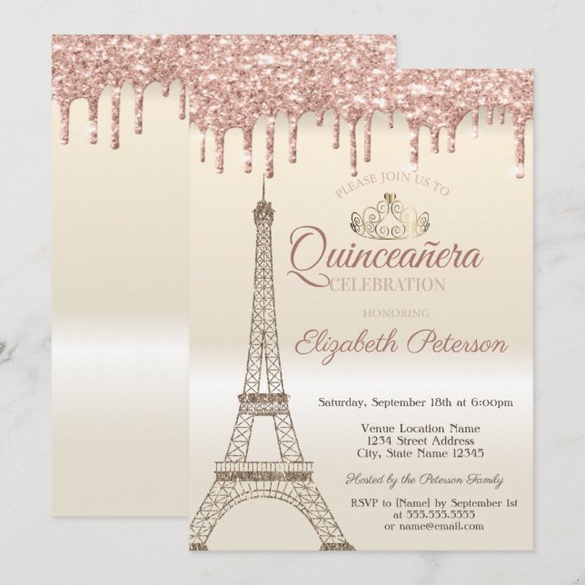 Invitation Parties scintillant Tour Eiffel, Tiara, Drives Qui (Devant / Derrière)