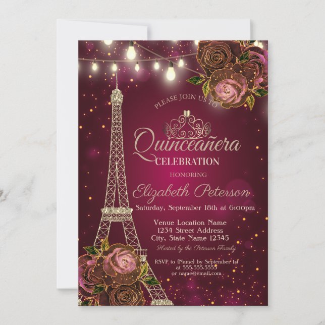 Invitation Parties scintillant Tour Eiffel, Tiara Roses Red Q (Devant)