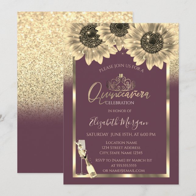 Invitation Parties scintillant, Tournesols, Tiara Bourgogne Q (Devant / Derrière)