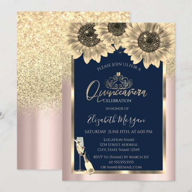 Invitation Parties scintillant, Tournesols, Tiara Rose Gold Q (Devant / Derrière)