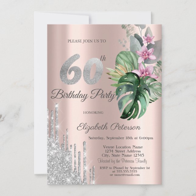Invitation Parties scintillant Tropical Flowers Rose Gold 60e (Devant)
