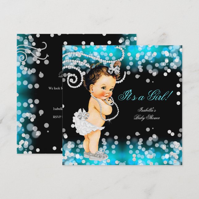 Invitation Parties scintillant Turquoise Bleu Noir Fille Baby (Devant / Derrière)