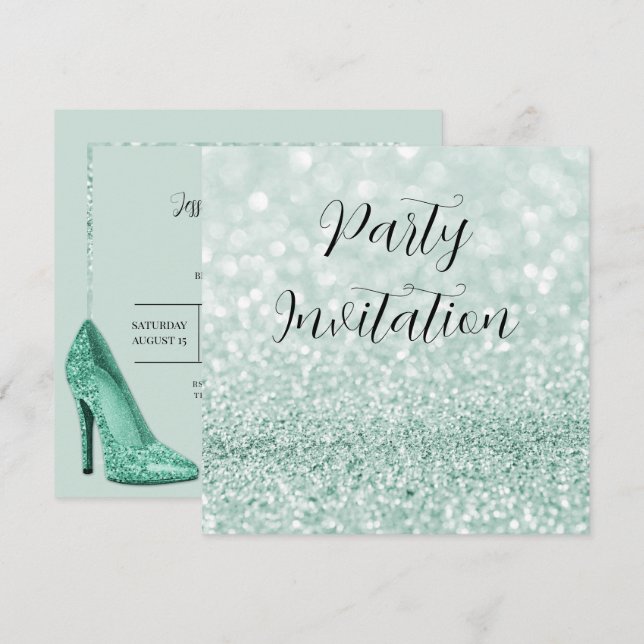 Invitation Parties scintillant turquoise Bokeh & Stilettos An (Devant / Derrière)