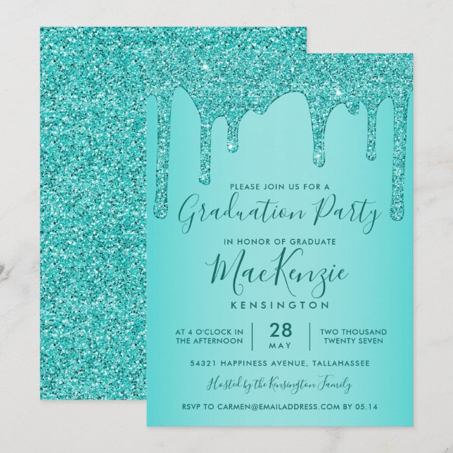 Invitation Parties scintillant Turquoise d'étincelle Aqua (Devant / Derrière)