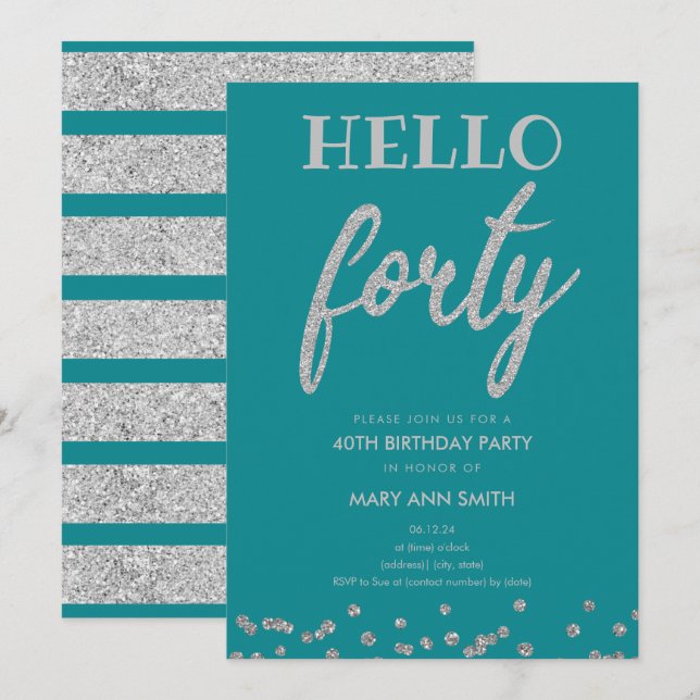 Invitation Parties scintillant Turquoise en argent "Hello Qua (Devant / Derrière)