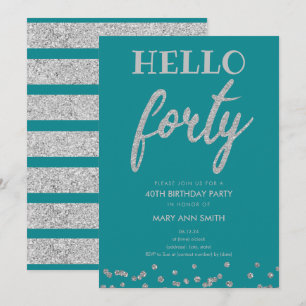 Invitation Parties scintillant Turquoise en argent "Hello Qua