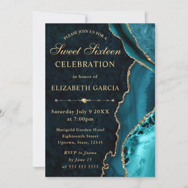 Invitation Parties scintillant turquoise et or Agate et marbr (Devant)