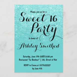 Invitation Parties scintillant turquoise fillette moderne omb