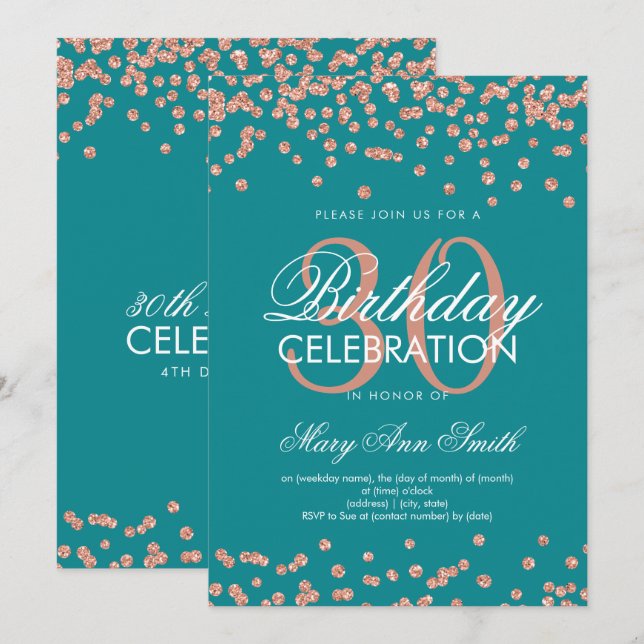 Invitation Parties scintillant Turquoise Rose Gold Confetti 3 (Devant / Derrière)