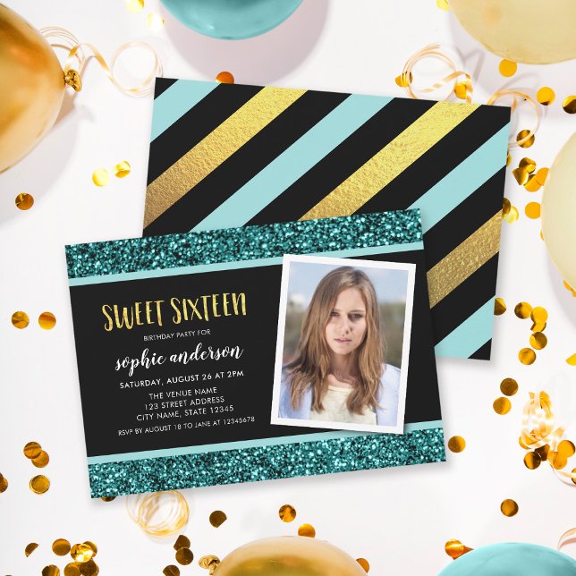 Invitation Parties scintillant turquoise Sweet 16 Photo Anniv (Créateur téléchargé)