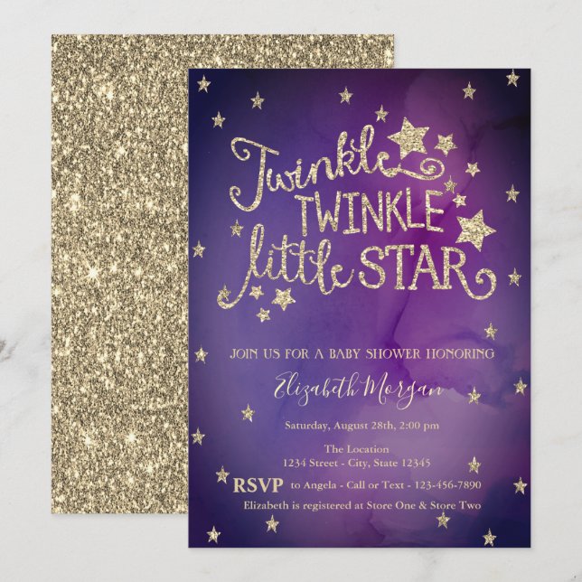 Invitation Parties scintillant Twinkle Little Star Violet Bab (Devant / Derrière)