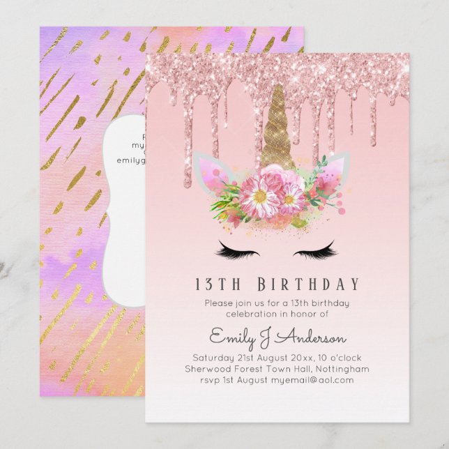 Invitation Parties scintillant Unicorn 13e anniversaire Rose  (Devant / Derrière)