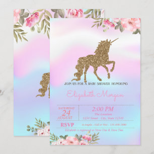 Invitation Parties scintillant Unicorn Floral Baby shower hol