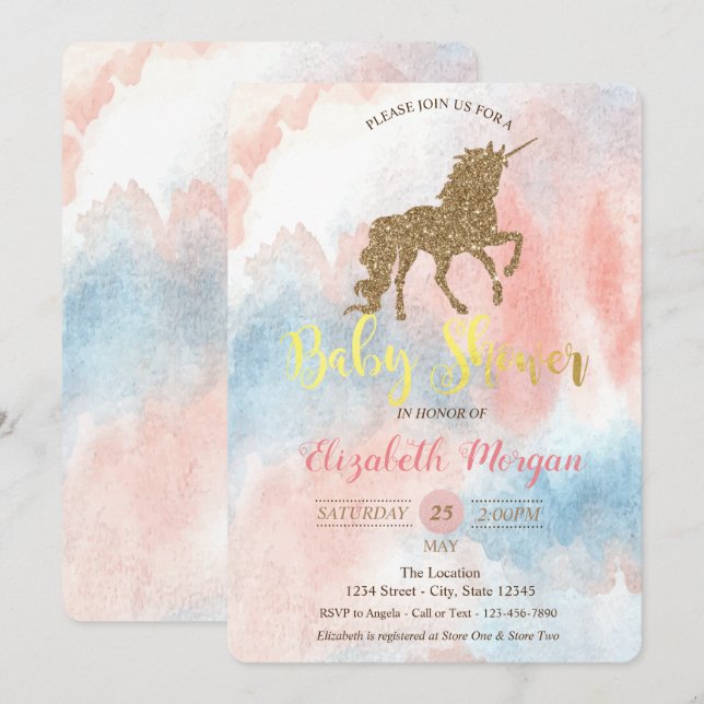 Invitation Parties scintillant Unicorne, Baby shower aquarell (Devant / Derrière)