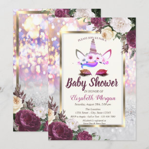 Invitation Parties scintillant Unicorne, Baby shower Floral B