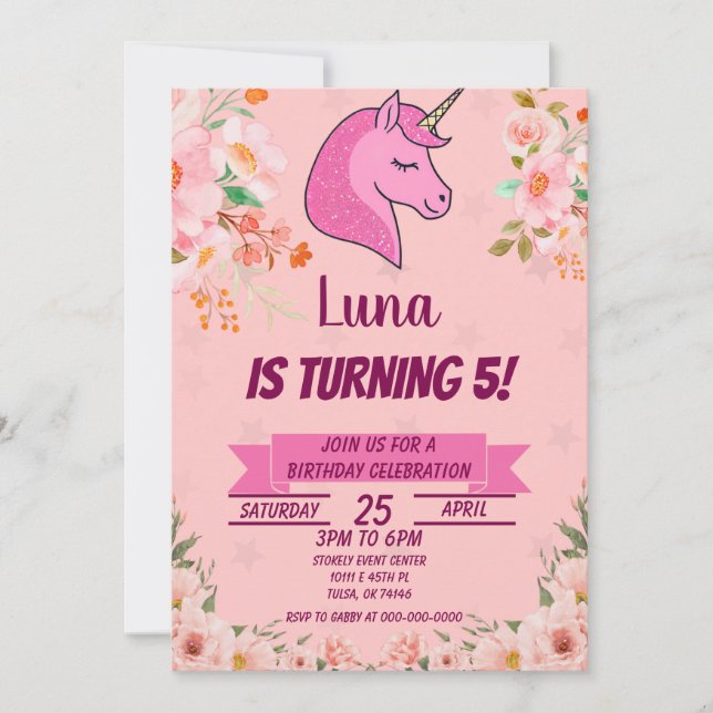 Invitation Parties scintillant Unicorne rose Confetti fête d' (Devant)