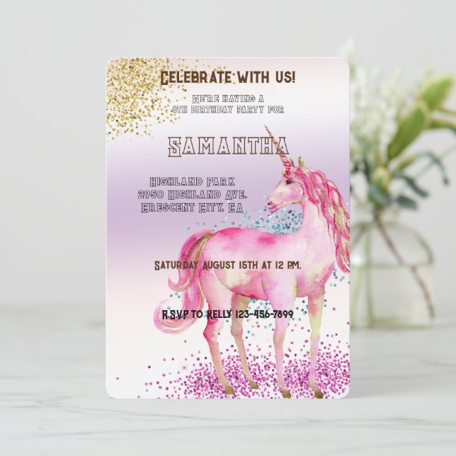Invitation Parties scintillant Unicorne Rose or Anniversaire (Debout devant)