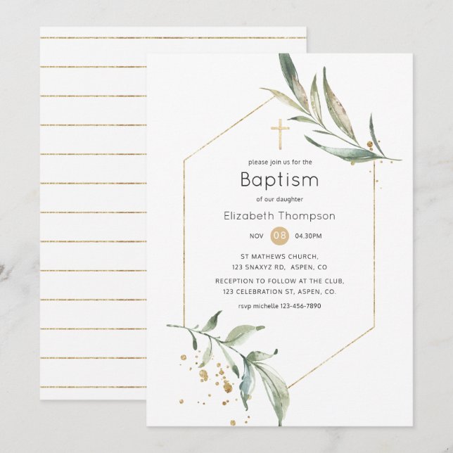 Invitation Parties scintillant verdoyante et or Baptême géomé (Devant / Derrière)