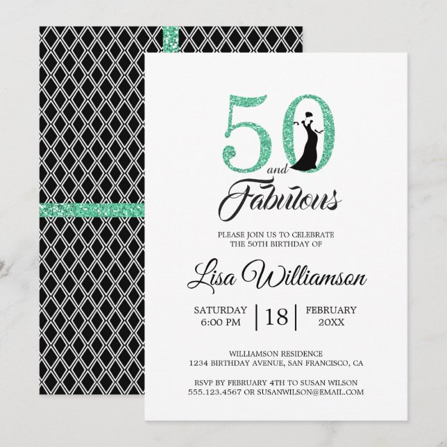 Invitation Parties scintillant verte 50 Fabuleux | Fête du 50 (Devant / Derrière)