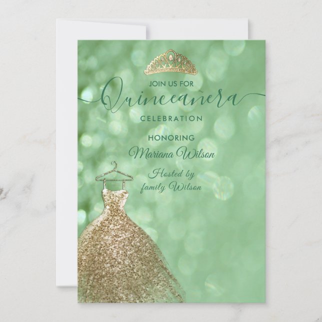 Invitation Parties scintillant verte chic Robe or tiara Quinc (Devant)