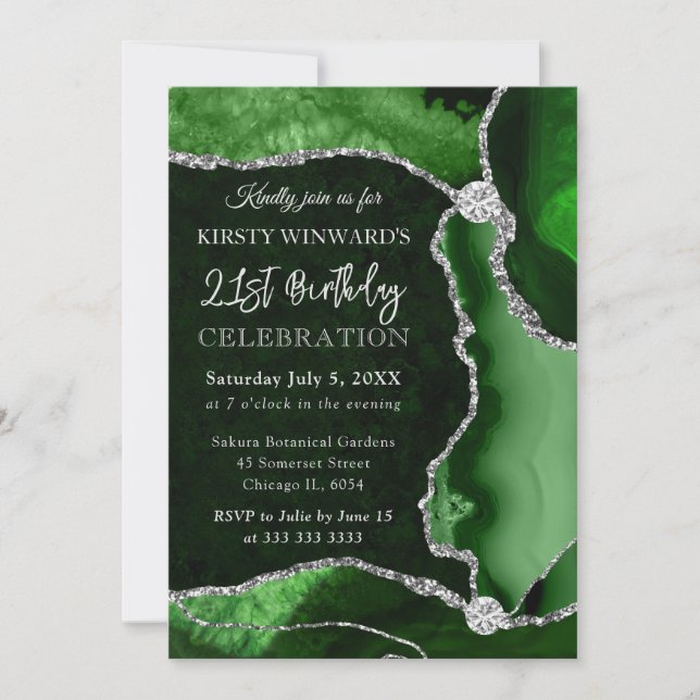 Invitation Parties scintillant verte et argent Faux Agate Ann (Devant)