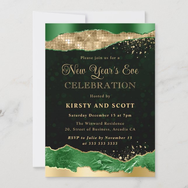 Invitation Parties scintillant verte et or Glam Larmes Réveil (Devant)